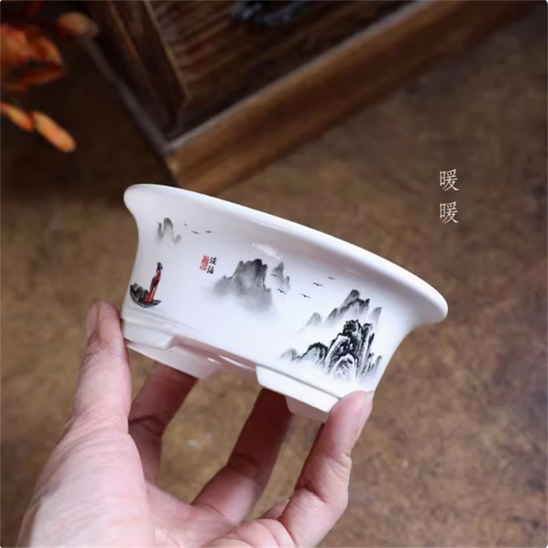 Plant Pot Small Desk - 도자기 흰색 타원형 분재 냄비, 미니